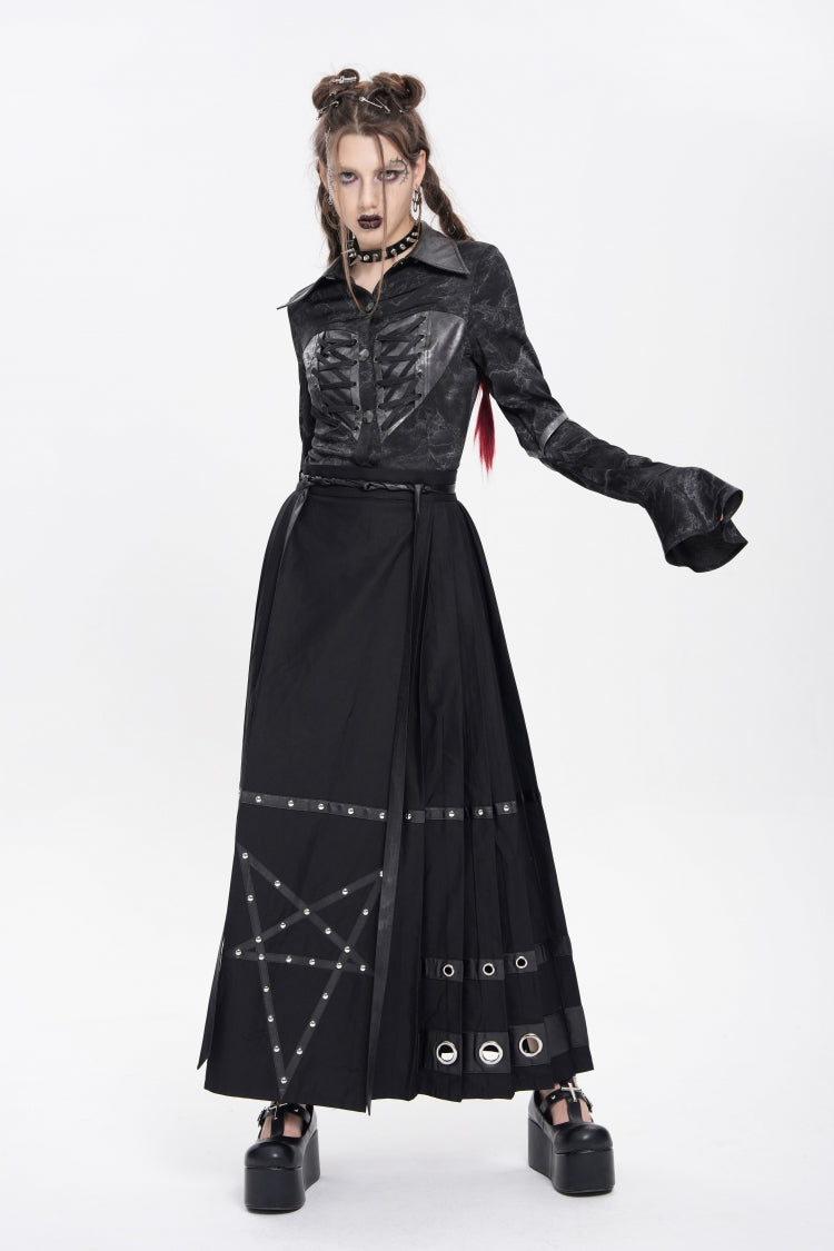 Women's Punk Skirt with Eyelets, Rivets and Pentacle Horse-Face Motif