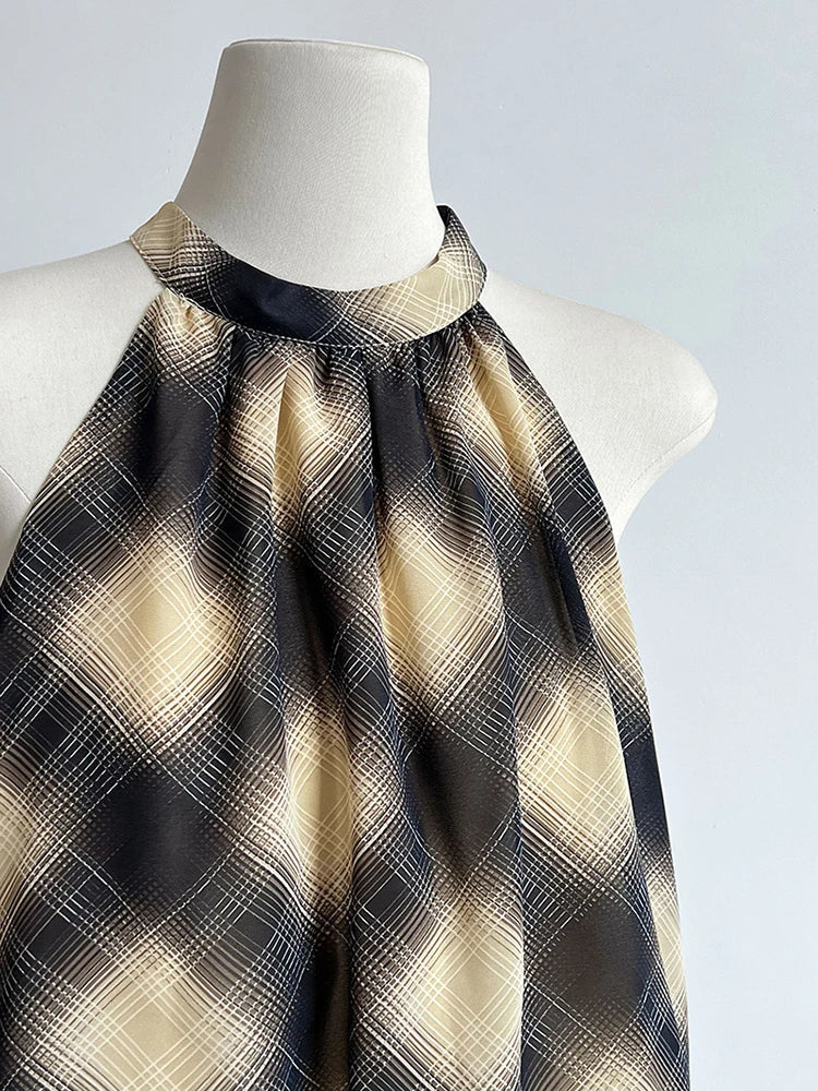 Asymmetric Khaki Plaid Neck Sleeveless Top High-Low Uniaue Halter