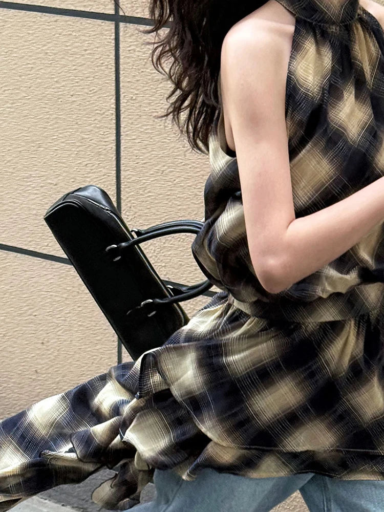 Asymmetric Khaki Plaid Neck Sleeveless Top High-Low Uniaue Halter