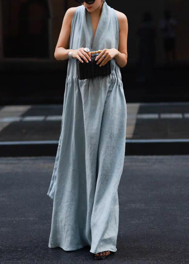 New Robe Dresses Pockets Solid Blue Linen Light Waist Tie