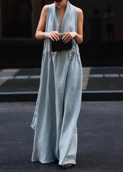 New Light Linen Solid Dresses Blue Robe Waist Tie Pockets