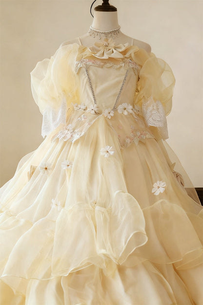 Golden Off-Shoulder Sleeve Ruffled Bridal Bow Lace Plus Size Lolita Gown