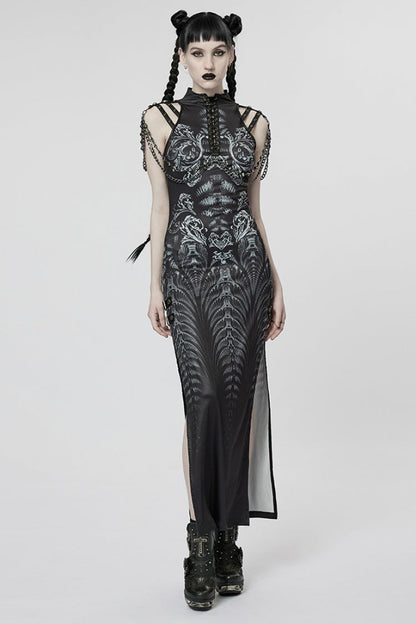 Side Slit Lace-Up Dress with Chain - Women's Gothic