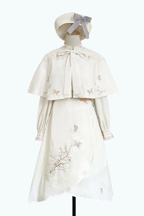 Classic Lolita OP Gown Full Set with Butterfly Embroidery, Ruffled Lantern Sleeves