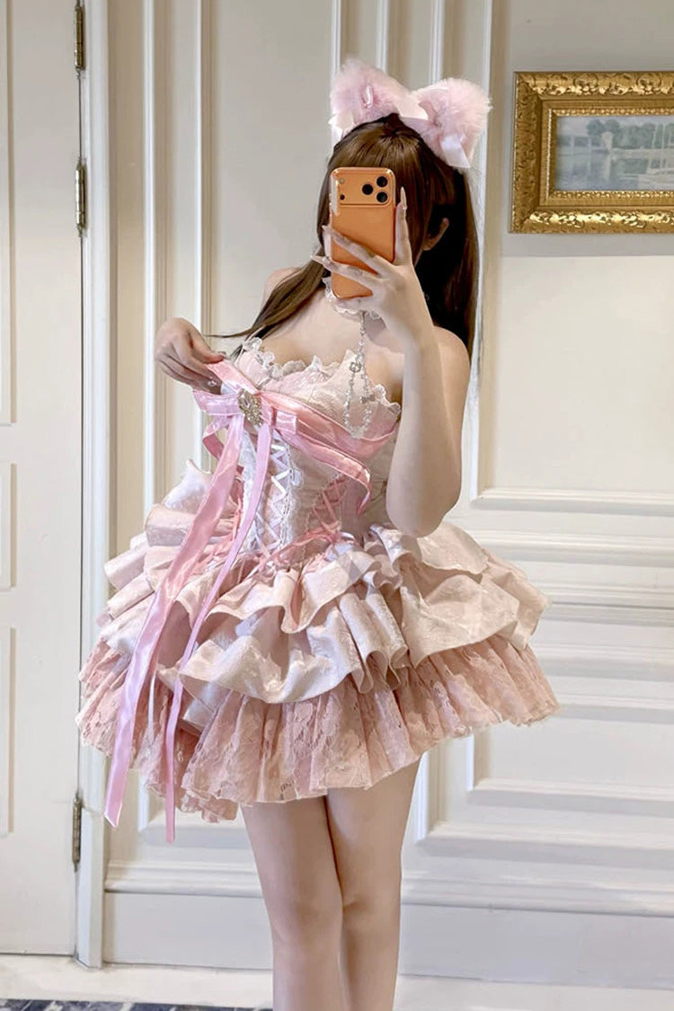 Blush Layered Ruffle Bow Lace-Up Ballerina JSK - Kitten Sweetheart