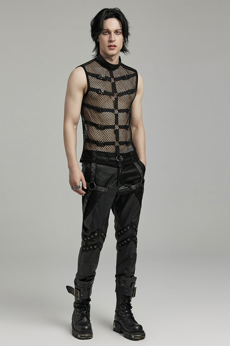 Men's Black Punk Vest, Sleeveless with Straps, Mesh and Buckle