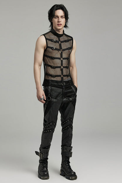 Men's Black Punk Vest, Sleeveless with Straps, Mesh and Buckle
