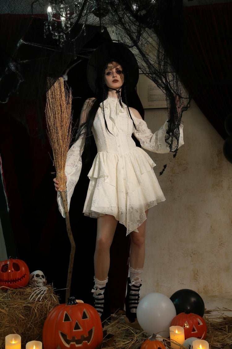 Steampunk Women's Dress with Halter Off-Shoulder Lapel Collar & Flare Sleeves, Cream