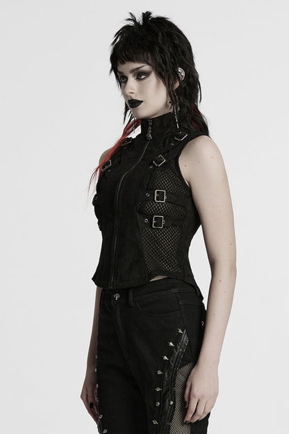 Women's Black Punk Vest, Mesh with Buckle and Stitched Collar