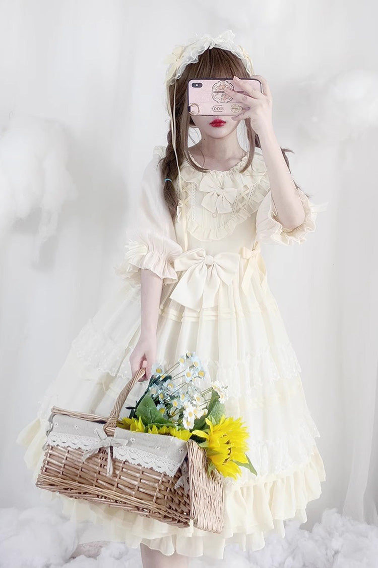 Cool Angel Sweet Lolita Dress with Bowknot, Ruffles & Short Lace Sleeves, Cream