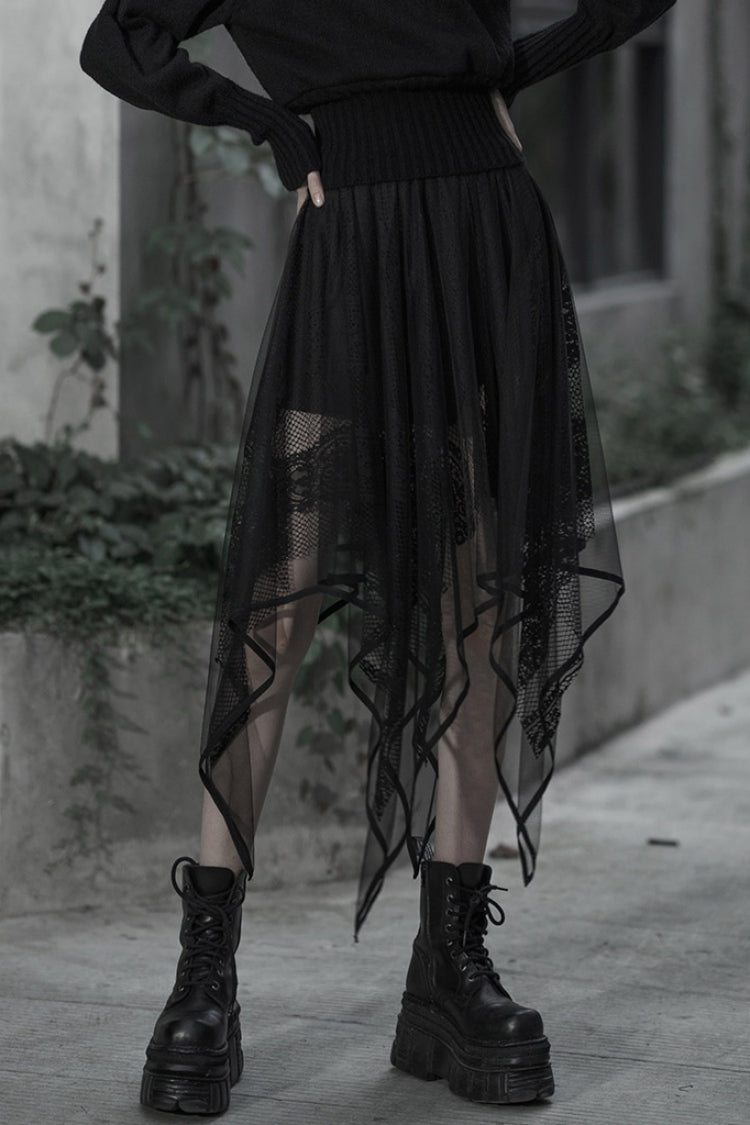 Asymmetric Lace Hem Embroidered Gothic Skirt for Women in Black