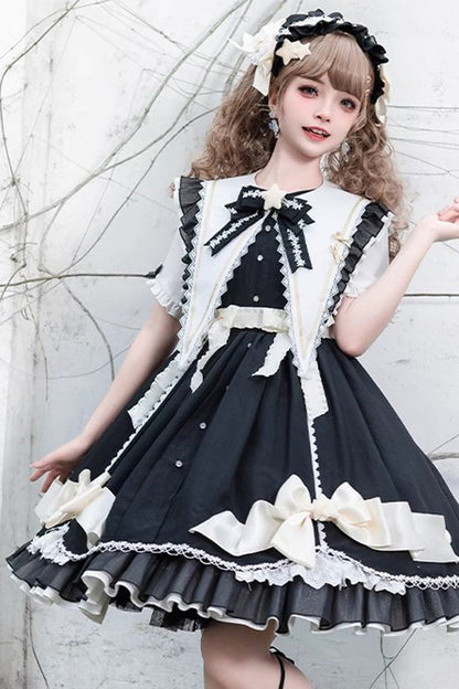 Sweet Lolita Ruffle Lace Stitch Dress with Bow