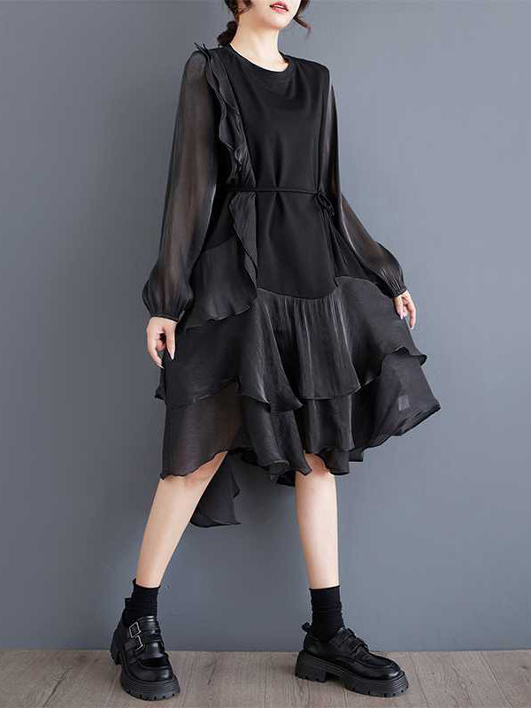 Chic Black Round-Neck Patchwork Contrast Color Ruffle Trim High-Low Long Sleeve Dress TW019