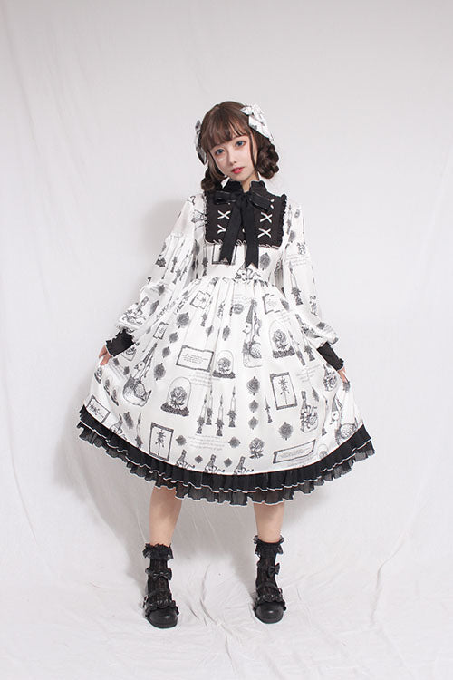 Ivory Pious Duck Print Long-Sleeve Bow Sweet Lolita OP