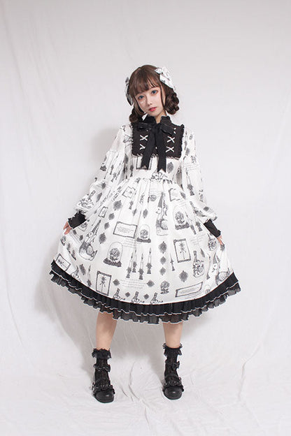 Ivory Pious Duck Print Long-Sleeve Bow Sweet Lolita OP