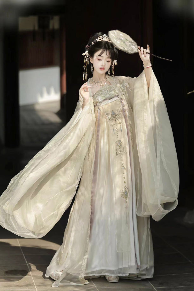 Embroidered Pearl Chain Tang-Style Hanfu Hezi Gown Set with Long Sleeves, Cream