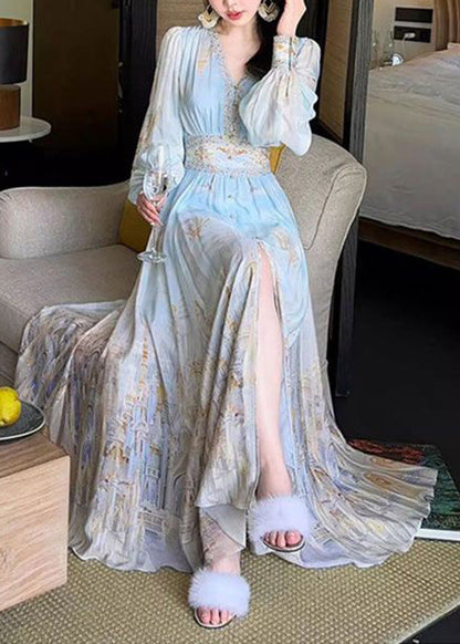 Maxi Chiffon Print Dresses Waist Blue Stylish V Spring High Neck