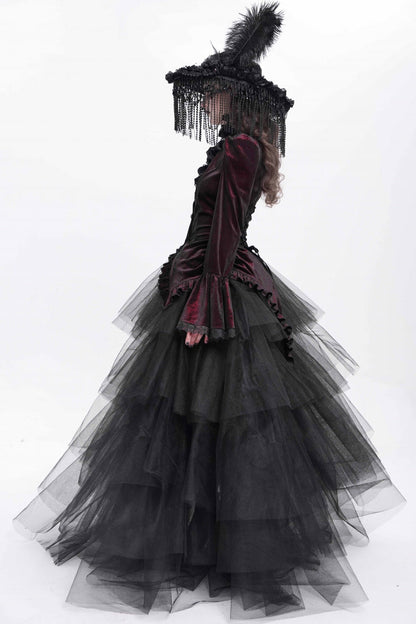 Crimson High-Neck Gothic Ruffled Blouse with Flared Sleeves and Tail Hem