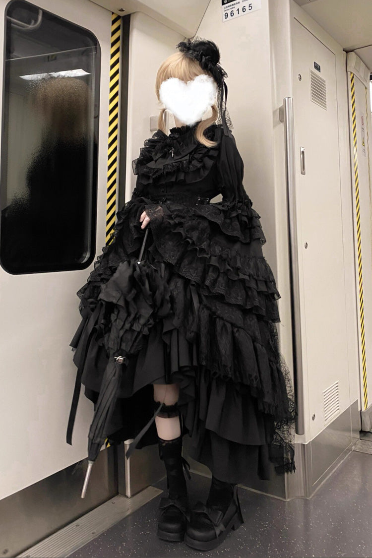 Gothic Lolita Skirt Dress Set with Long Hime Sleeves and Bow in Black