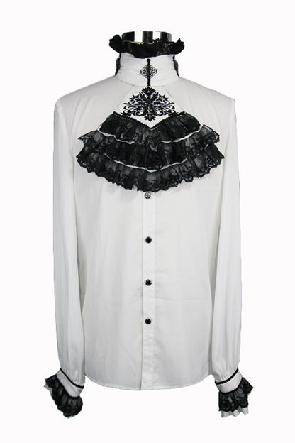 Ivory Lace-Trimmed Embroidered Sheer Sleeve Gothic Men's Top