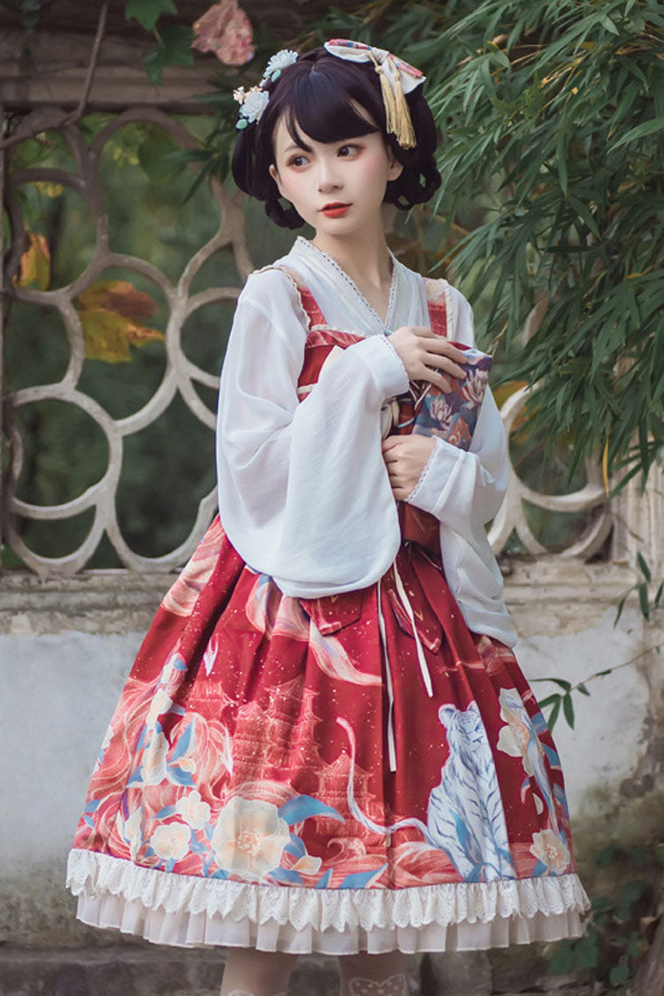 Chinese-Style High-Waisted JSK Dress with Tiger Print in Wine/White - EasternFusion