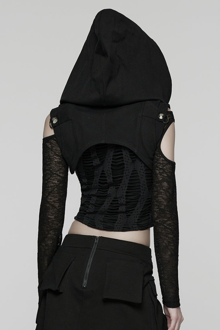Pleated Punk Short Vest with Hood and Zip for Women