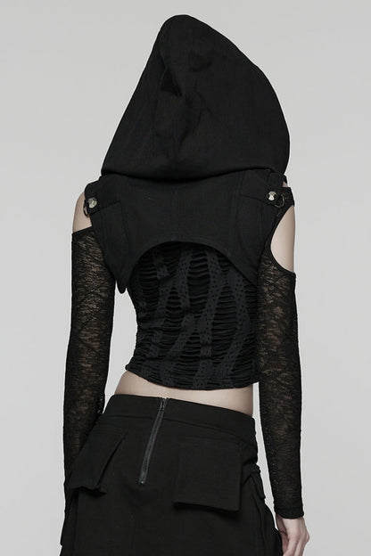 Pleated Punk Short Vest with Hood and Zip for Women