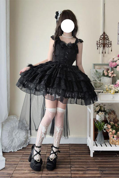 Ebony Sleeveless Tiered Bow Lace-Up Ballet JSK - From Broken Wings to Rebirth