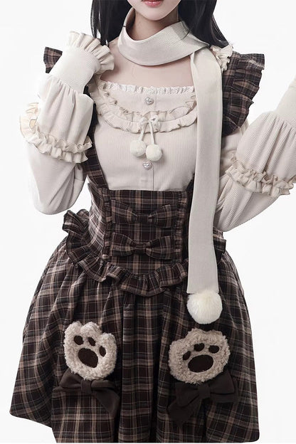 Fluffy Bear Plaid Ruffle Bow Sweet Lolita Strap Dress