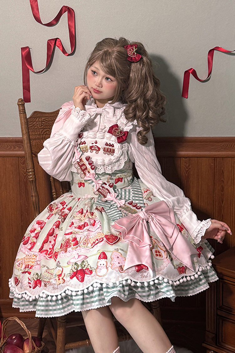 Natural Waisted Ruffle Bowknot Sweet Lolita JSK Dress with Strawberry Dessert Print - 4 Colors