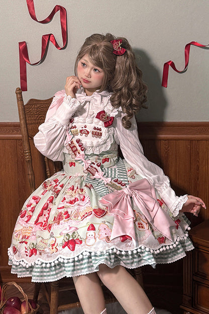 Natural Waisted Ruffle Bowknot Sweet Lolita JSK Dress with Strawberry Dessert Print - 4 Colors