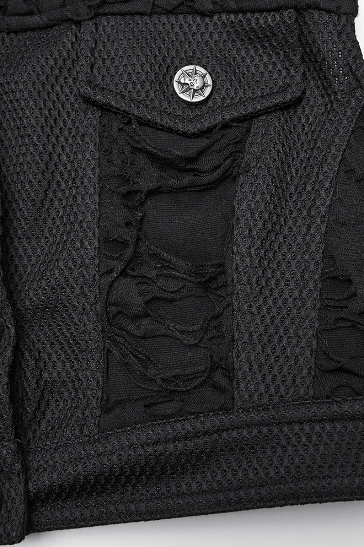 Women's Black Punk Short Vest, Ripped with Buckle Details
