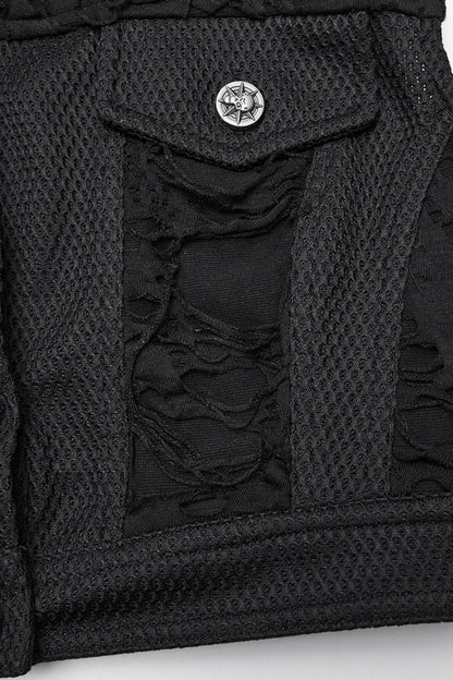 Women's Black Punk Short Vest, Ripped with Buckle Details