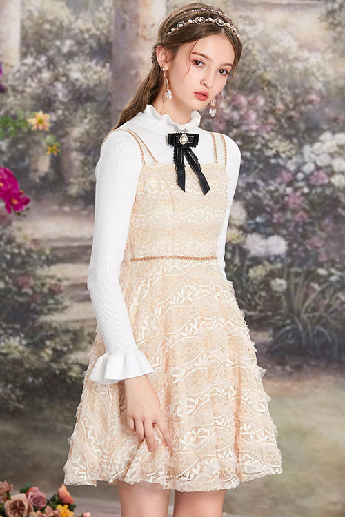 Elegant Sweet Lolita JSK Dress with Lace Embroidery & High Waisted Fit, Cream