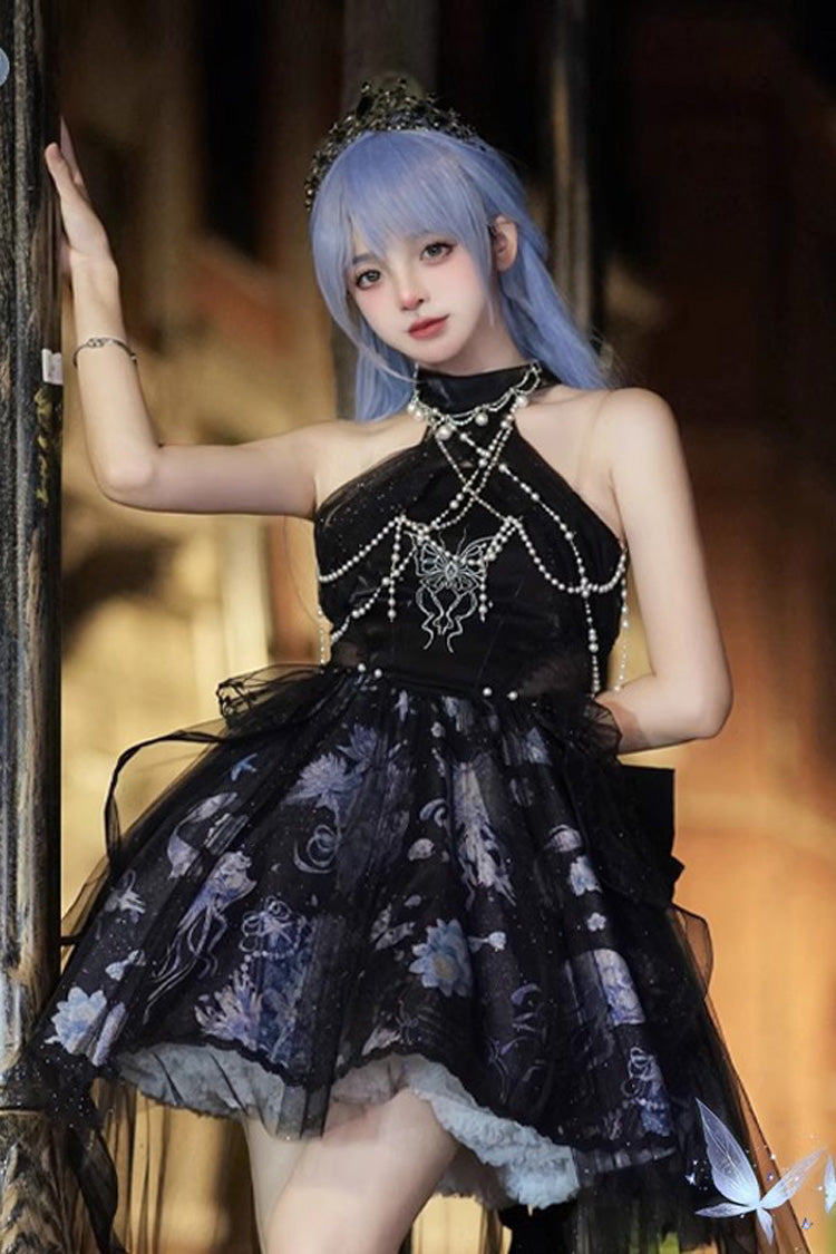 Azure Deep Sea Jellyfish Halter Sleeveless Print Embroidery Bow Lace Elegant Lolita Jumper Dress