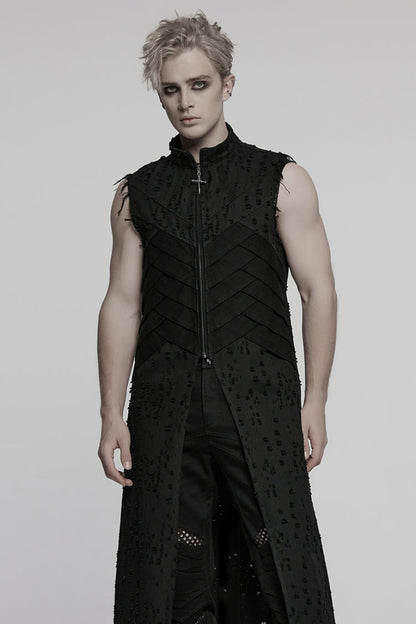 Distressed Cross Embroidery Gothic Long Vest for Men