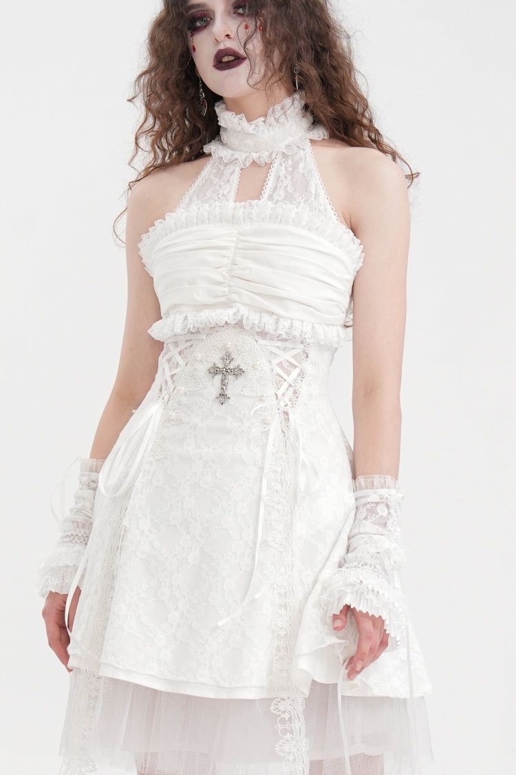 Ivory Bow Lace-Up Mesh Eyelet Gothic Palace Arm Sleeves