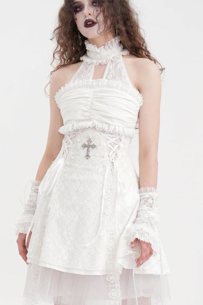 Ivory Bow Lace-Up Mesh Eyelet Gothic Palace Arm Sleeves