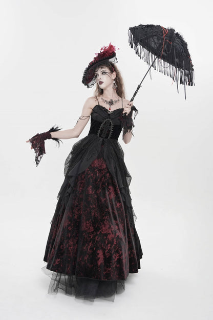 Crimson & Obsidian Sleeveless Multi-Layered Hanayome Lace Lace-Up Gothic Wedding Dress Printed Tassels Slip Dress