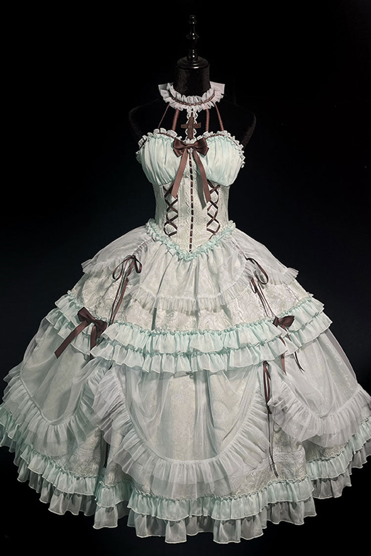 Mint Halterneck Cross Bow Lace-Up Ruffled Lolita Gown