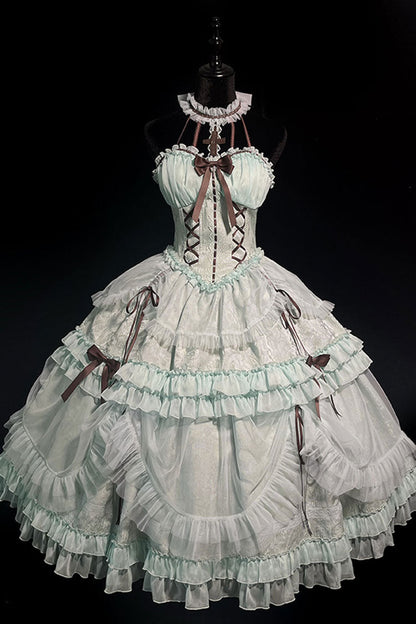 Mint Halterneck Cross Bow Lace-Up Ruffled Lolita Gown