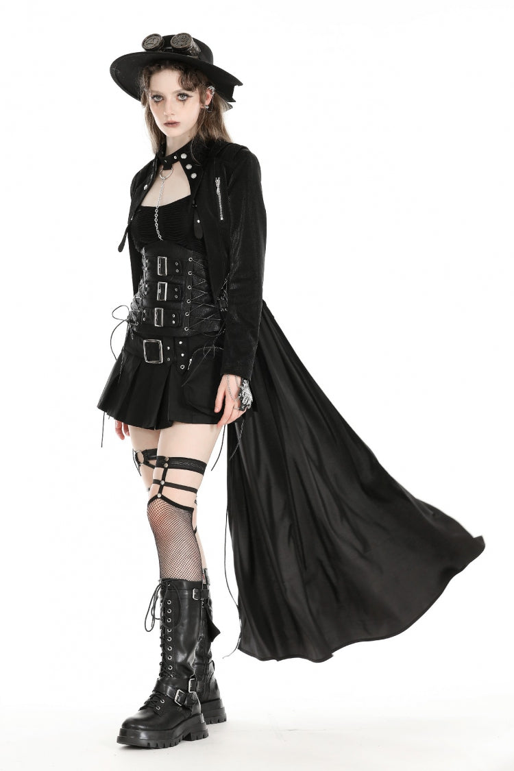 Ebony Long-Sleeve Lace-Up High-Low Faux Leather Gothic Jacket