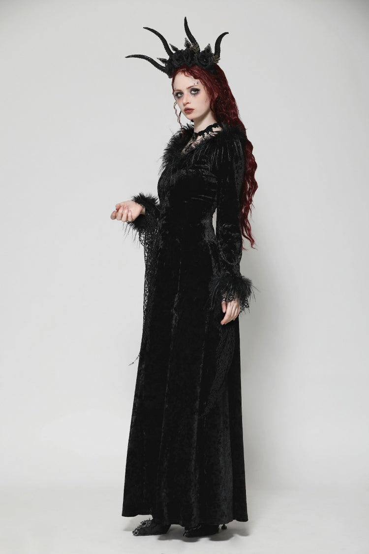 Ebony Long-Sleeve Velvet Lace Gothic Maxi Wedding Gown