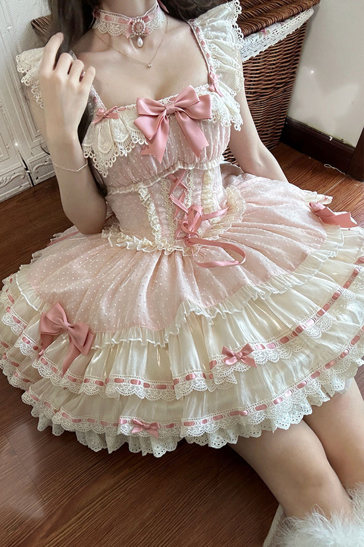 Blush Double-Layered Ruffle Bow Lace-Up Ballerina JSK - Flory Butterfly