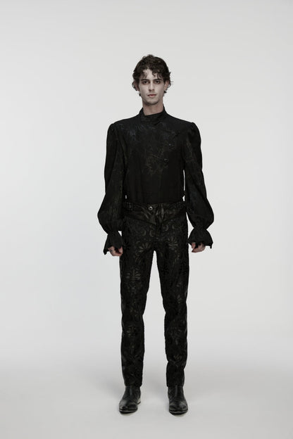 Men's Gothic Pants with Floral Embroidered Details in Black Jacquard