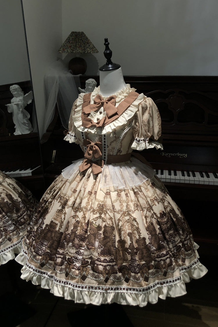Teddy Bear Party Round Collar Printed Sweet Lolita Dress - Ruffled Bow