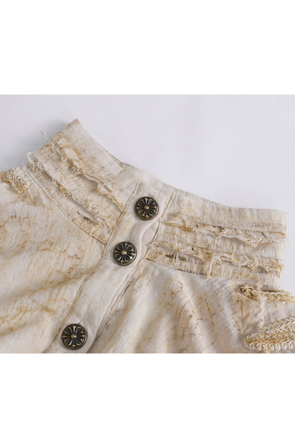 Punk Women's Blouse with Lantern Sleeves, Stand Collar & Printed Lace