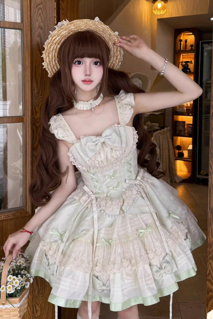 Sleeveless Ruffle Bowknot Lace Sweet Ballet Lolita JSK Dress in Mint Milk Green