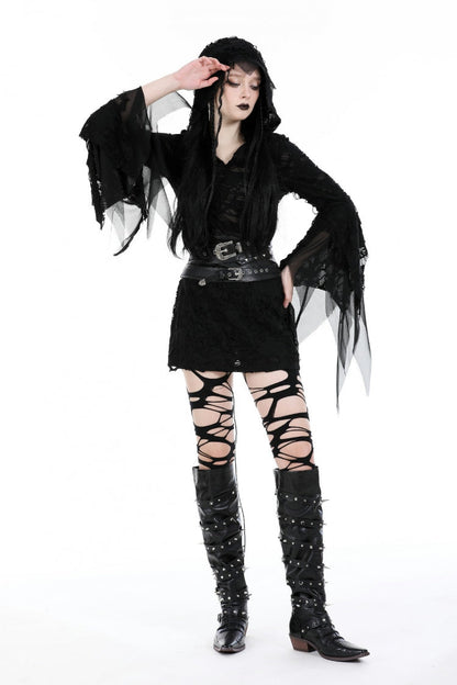 Women's Gothic Hooded Slim Dress with Evil Devil Theme and Flared Sleeves