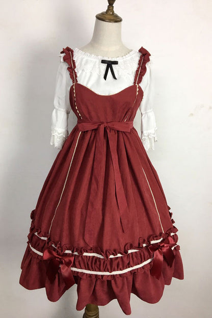 Crimson Vintage Lolita JSK Dress with Bow and Ruffle Details